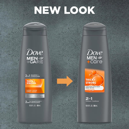 DOVE MEN + CARE Fortifying 2 in 1 Shampoo and Conditioner for Resilient and Thicker Hair Thick and Strong with Caffeine Helps Strengthen Thinning Hair 12 Oz, Pack of 6