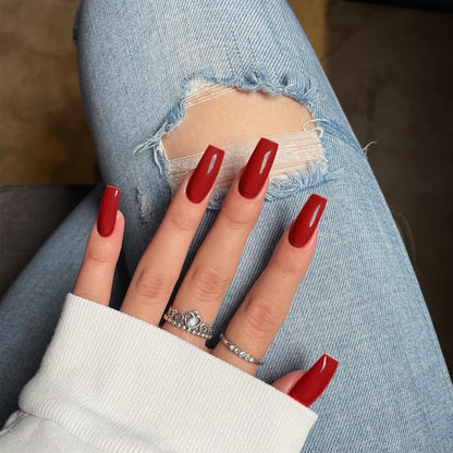 Red Press on Nails Medium Long Square,  Medium Coffin Nails Acrylic Nails Press Ons Glue on Nails Medium Length, Solid Color Fake Nails for Women Christmas Holiday Thick Artificial Nails