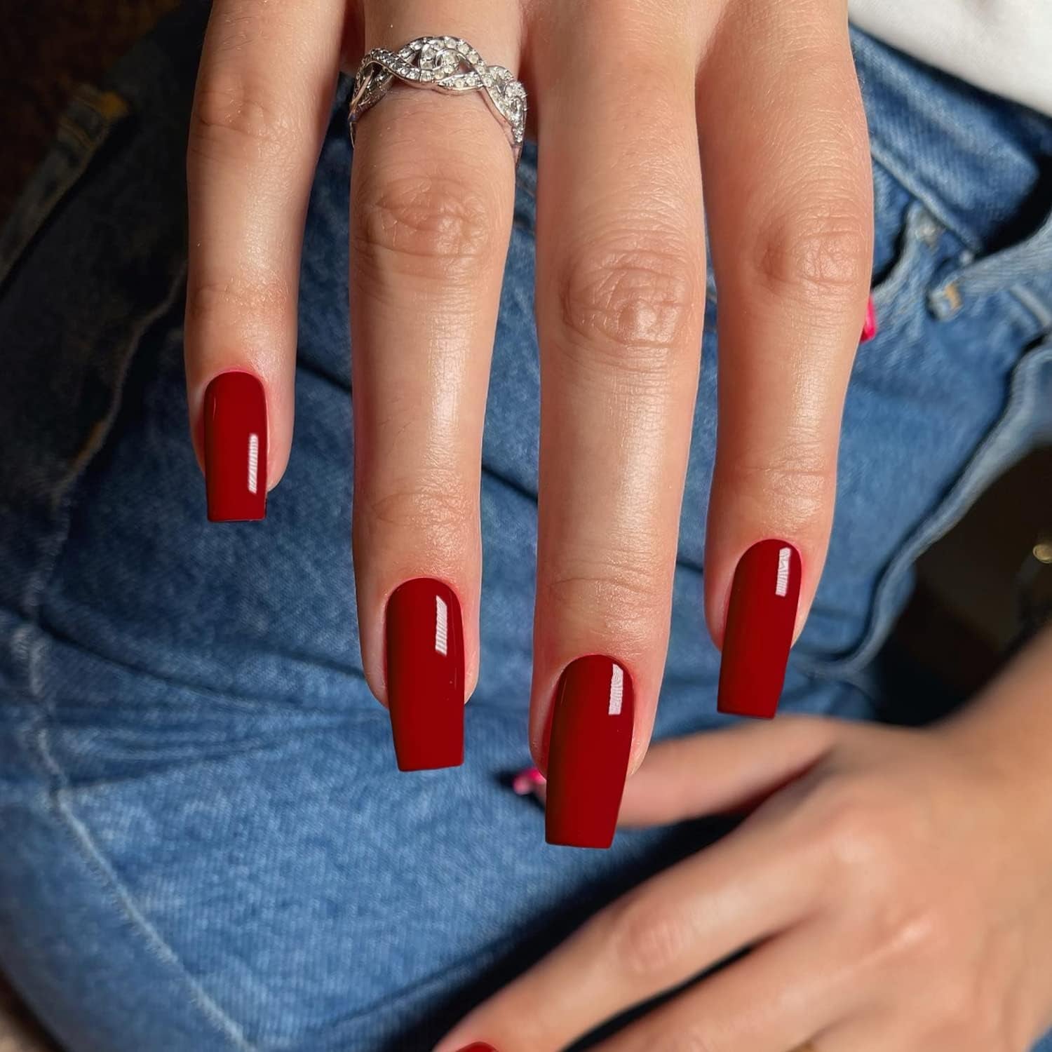 Red Press on Nails Medium Long Square,  Medium Coffin Nails Acrylic Nails Press Ons Glue on Nails Medium Length, Solid Color Fake Nails for Women Christmas Holiday Thick Artificial Nails